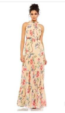 Mac Duggal Size 2 70203 Nude Multi Floral Halter Neckline Formal Party Dress NEW